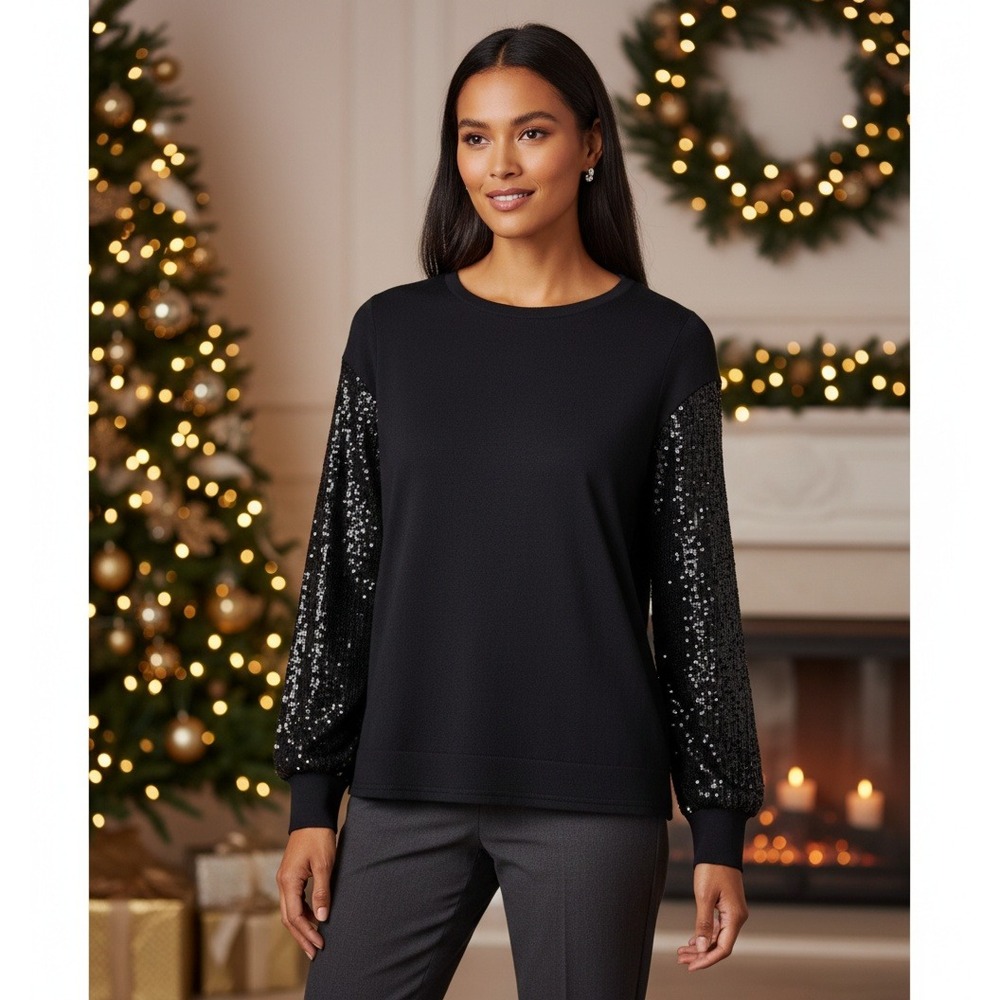 Maurices Black Sequin Sleeve Long Sleeve Crewneck Top Women's S Holiday Party